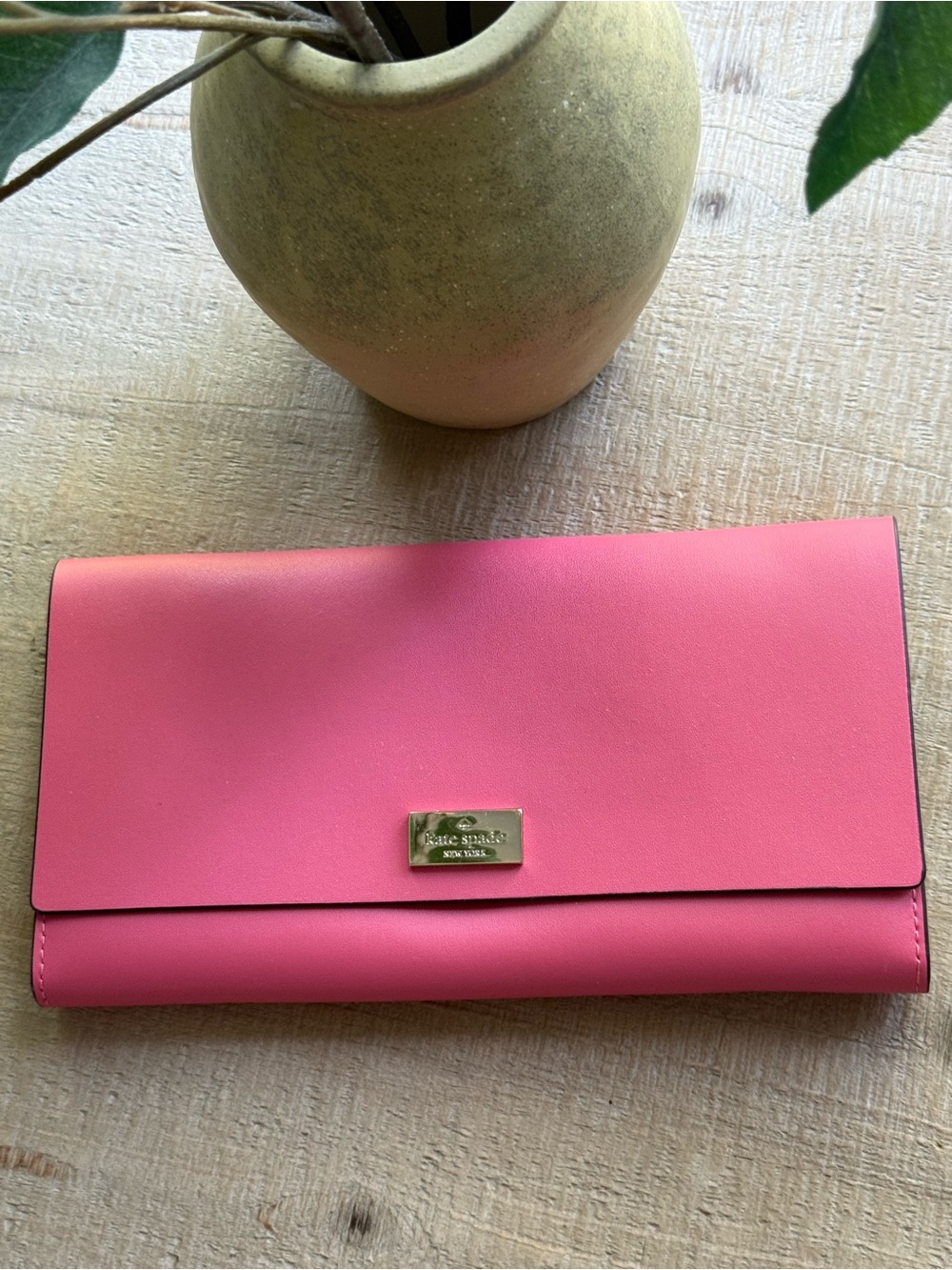 kate spade Hot Pink Leather Foldover Wallet with Gold Logo Plate
